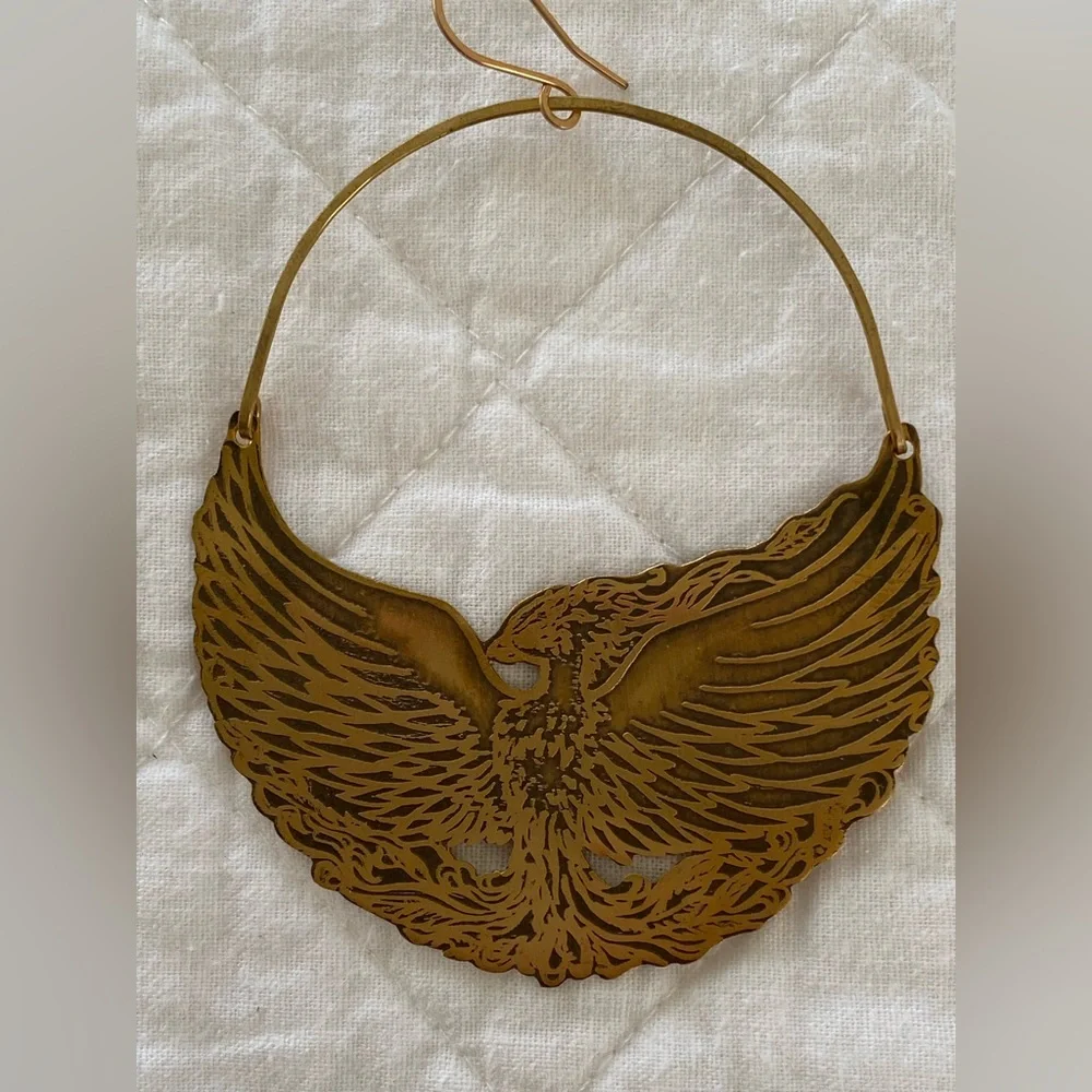 Phoenix Hand Etched Brass Earrings - Picture 3 of 3